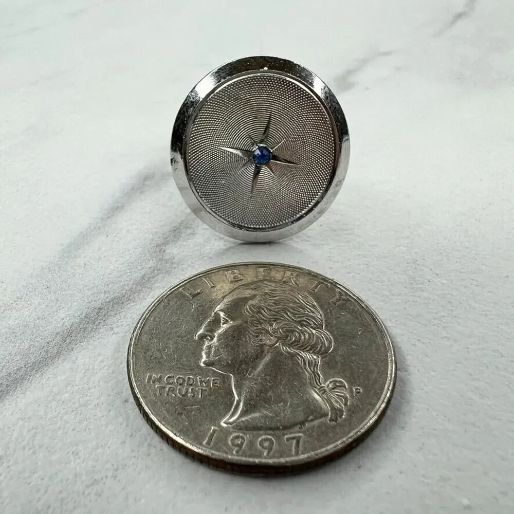 Vintage Silver Tone Blue Rhinestone Round Single Cufflink